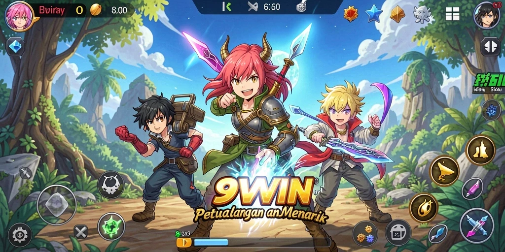 Screenshot gameplay 9WIN menunjukkan karakter Anime dalam pertempuran intens.