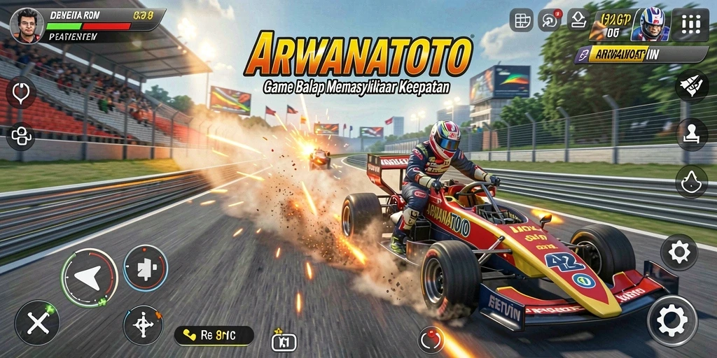 Tampilan gameplay ARWANATOTO yang mendebarkan saat balap di lintasan.