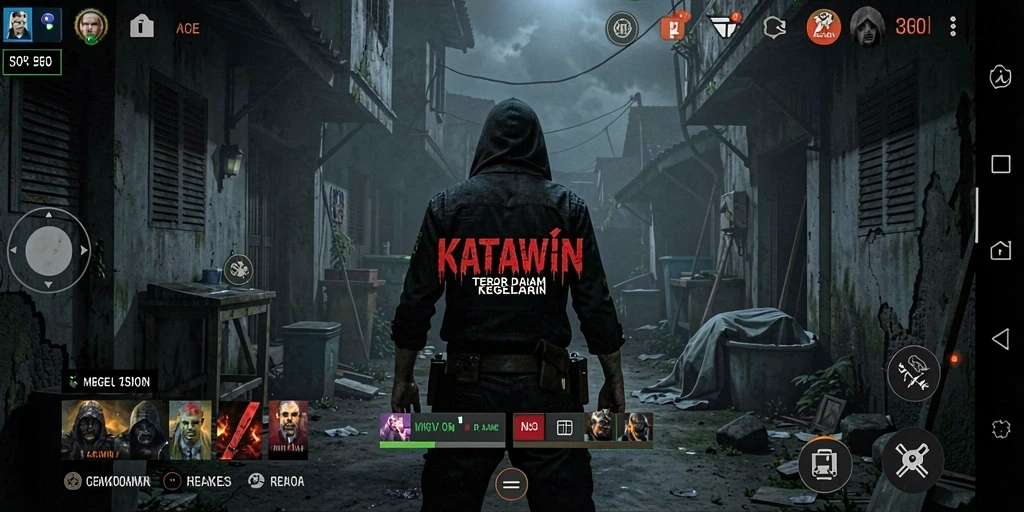 Screenshot dari gameplay KATAWIN menunjukkan suasana menegangkan dengan atmosfer kelam.