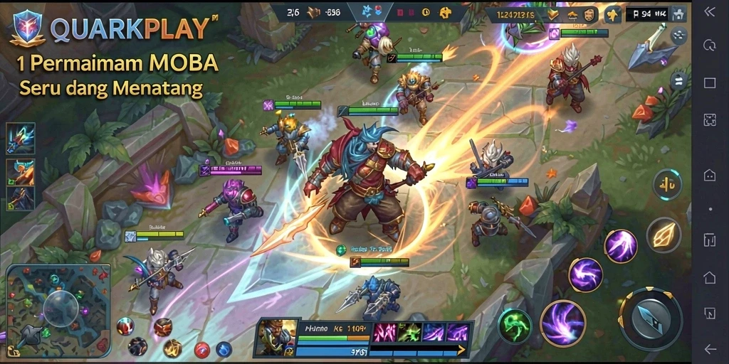 Tampilan menarik dari gameplay MOBA dalam QUARKPLAY yang menegangkan.