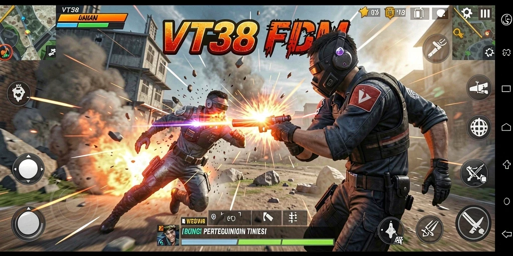Screenshot utama VT38 menampilkan aksi pertarungan yang seru dan mendebarkan.
